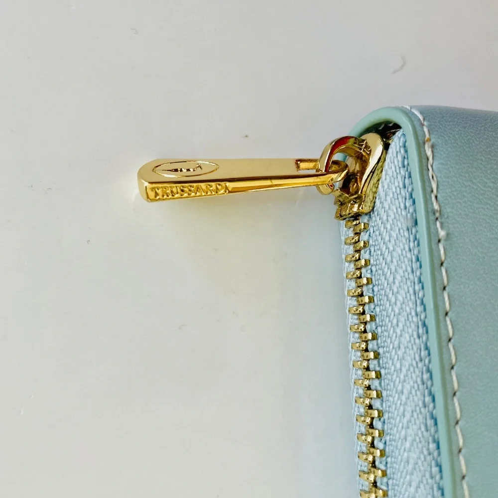 Trussardi Greyhound Logo Light Blue Leather Compact Zip Wallet with Box - Picture 11 of 15